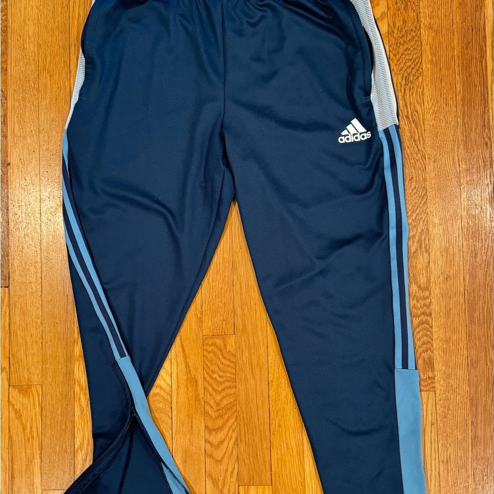 Adidas Men's Dark Blue Joggers with Light Blue Stripes